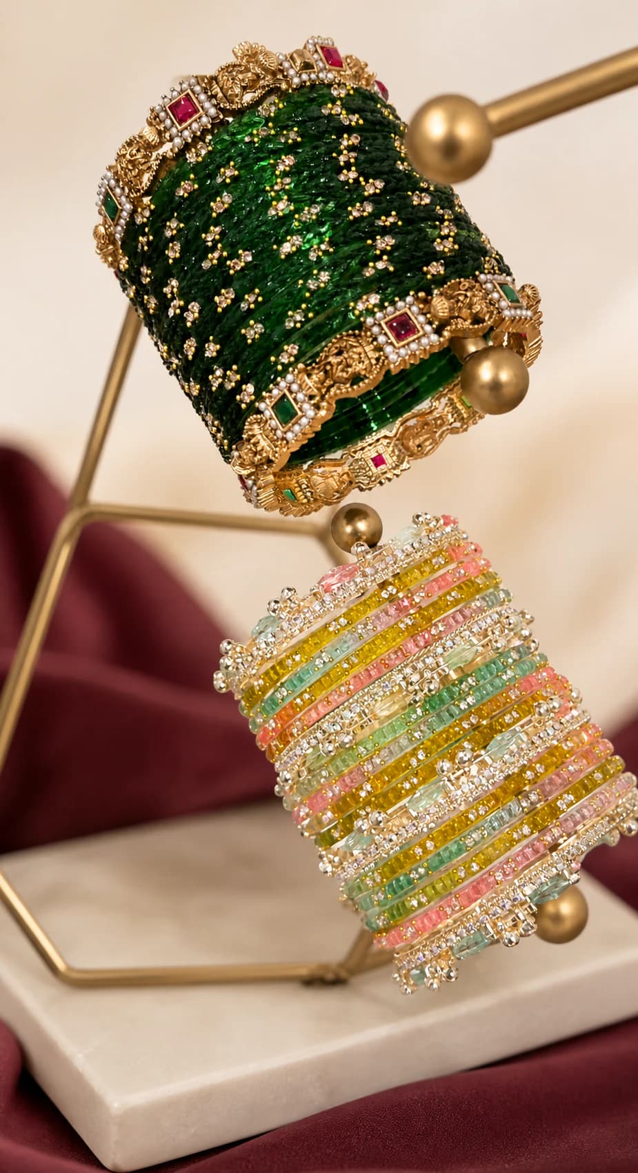 Emerald and pastel bangle sets displayed together