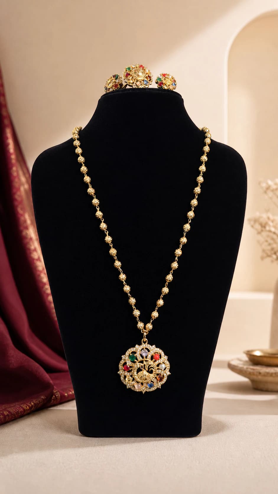 Warm-tone bead necklace with a circular multicolour peacock pendant and matching pieces
