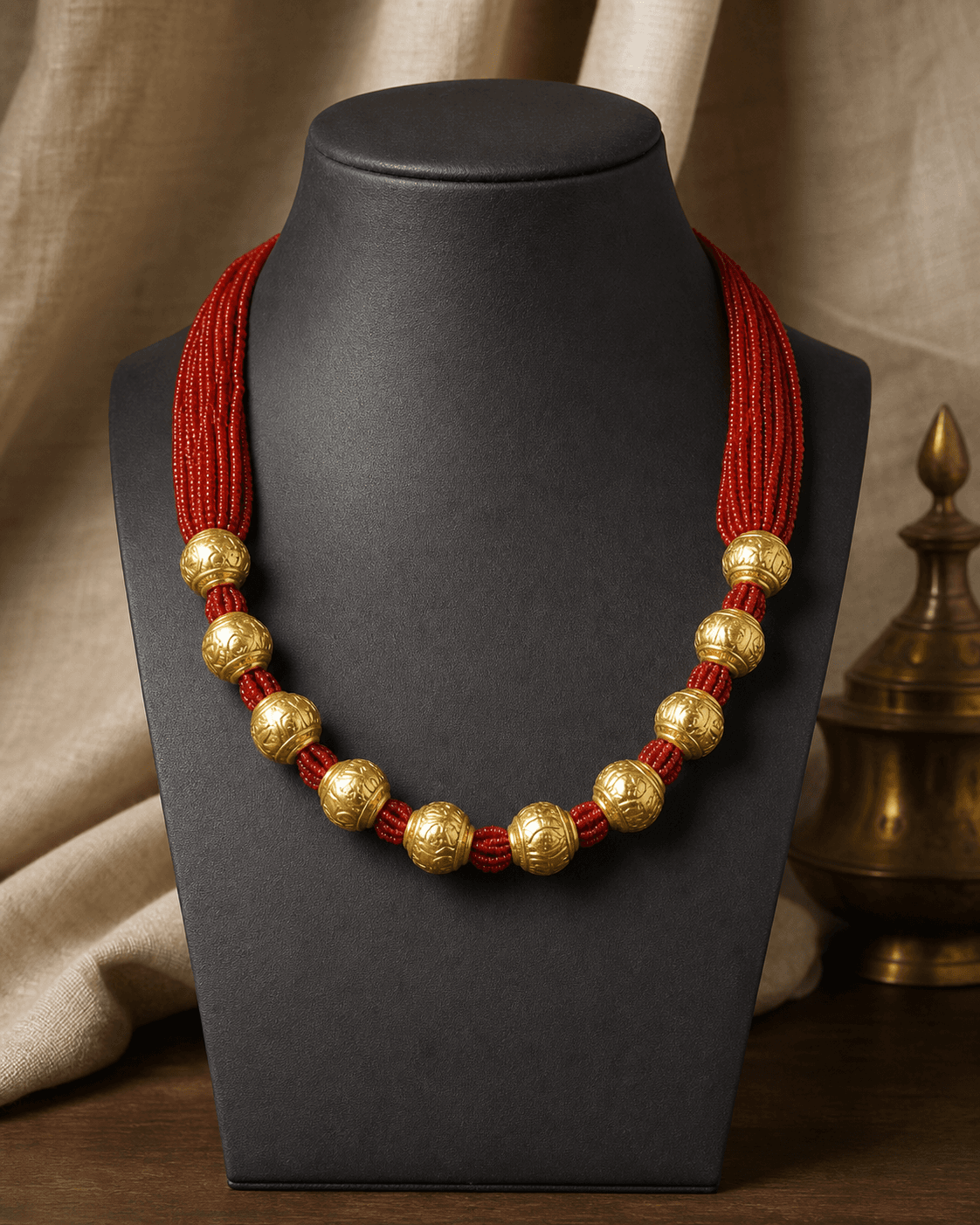 Naugedi necklace with nine gold-plated beads on red potey strands