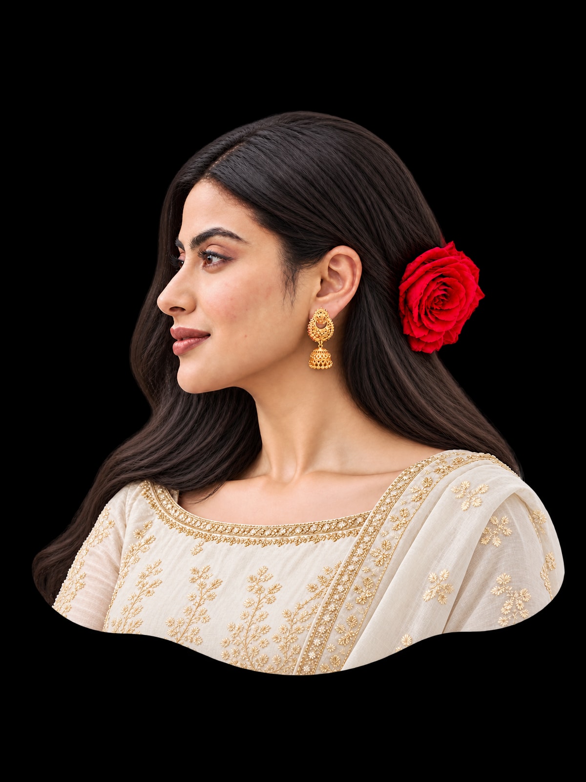 Nanabeni model wearing Chandbali Jhumka Earrings and an ivory embroidered outfit, isolated with a complete curved portrait outline