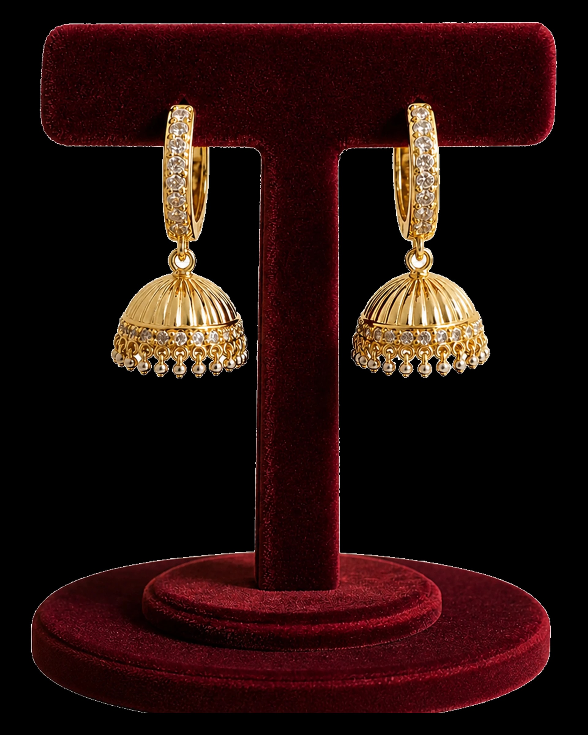 Pair of polished bell jhumka earrings on crystal-set crescent hoops