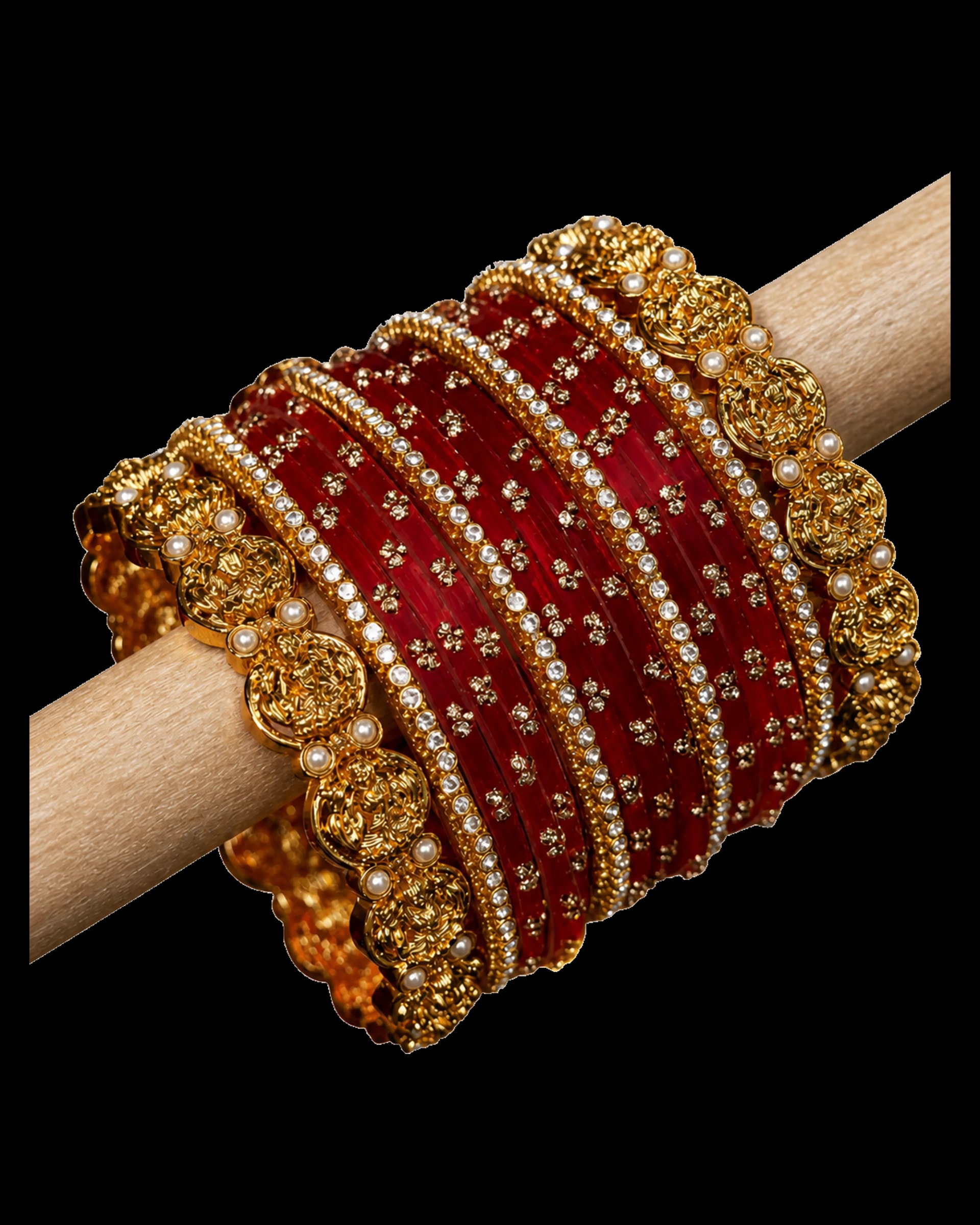 Crimson bridal bangle stack with crystal, pearl and warm-tone details