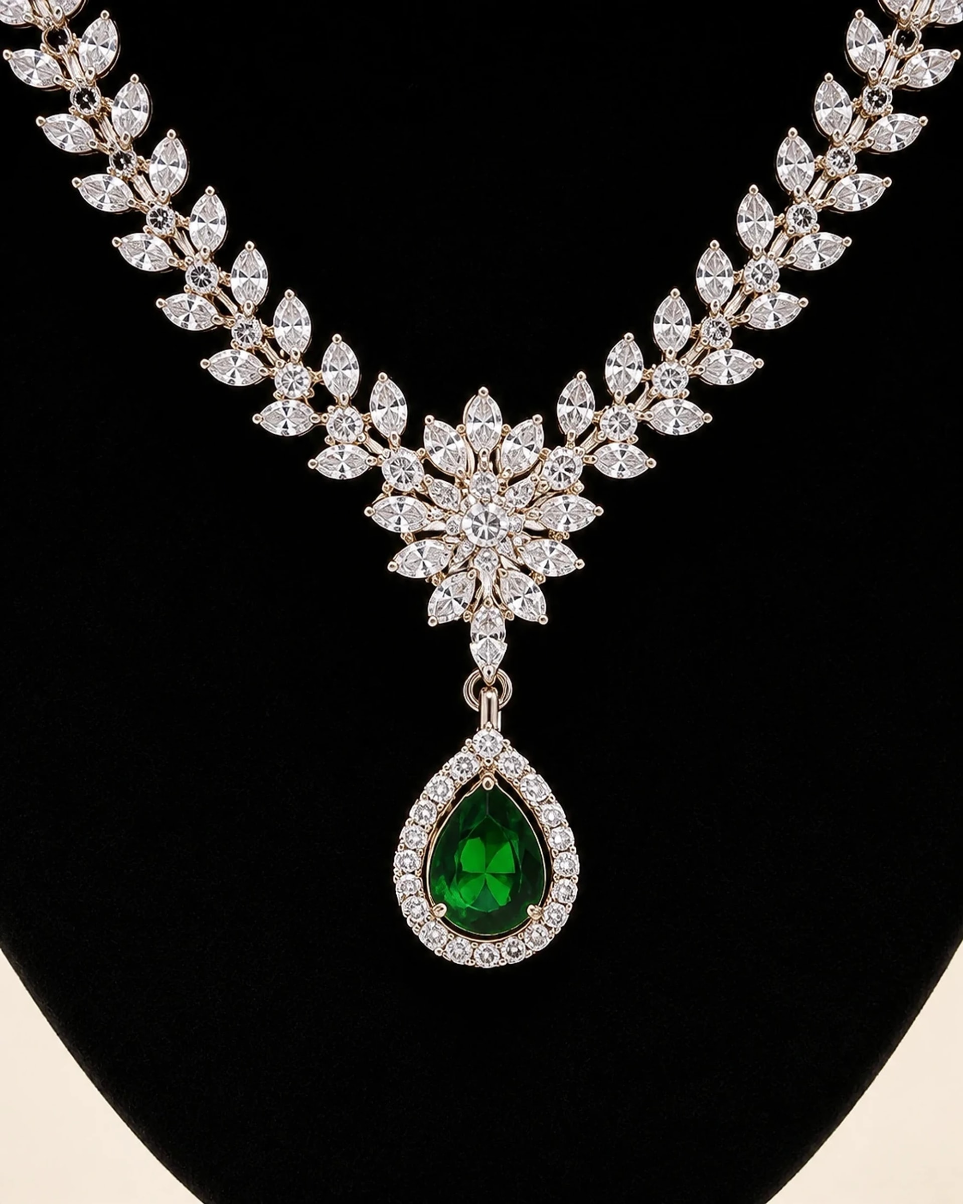 Close detail of the crystal leaf necklace and deep green teardrop pendant