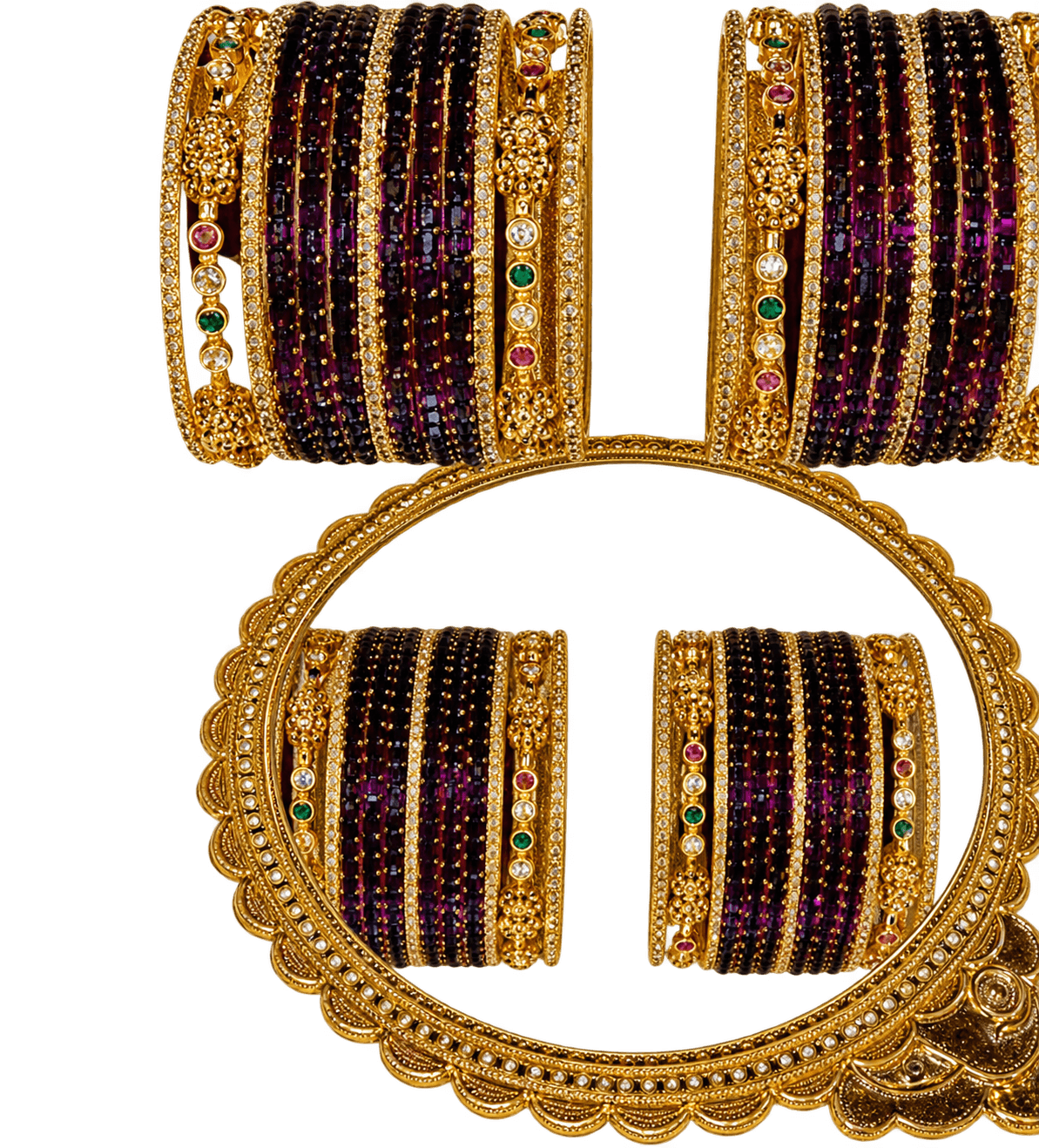 Two coordinated deep plum bangle stacks with coloured stones