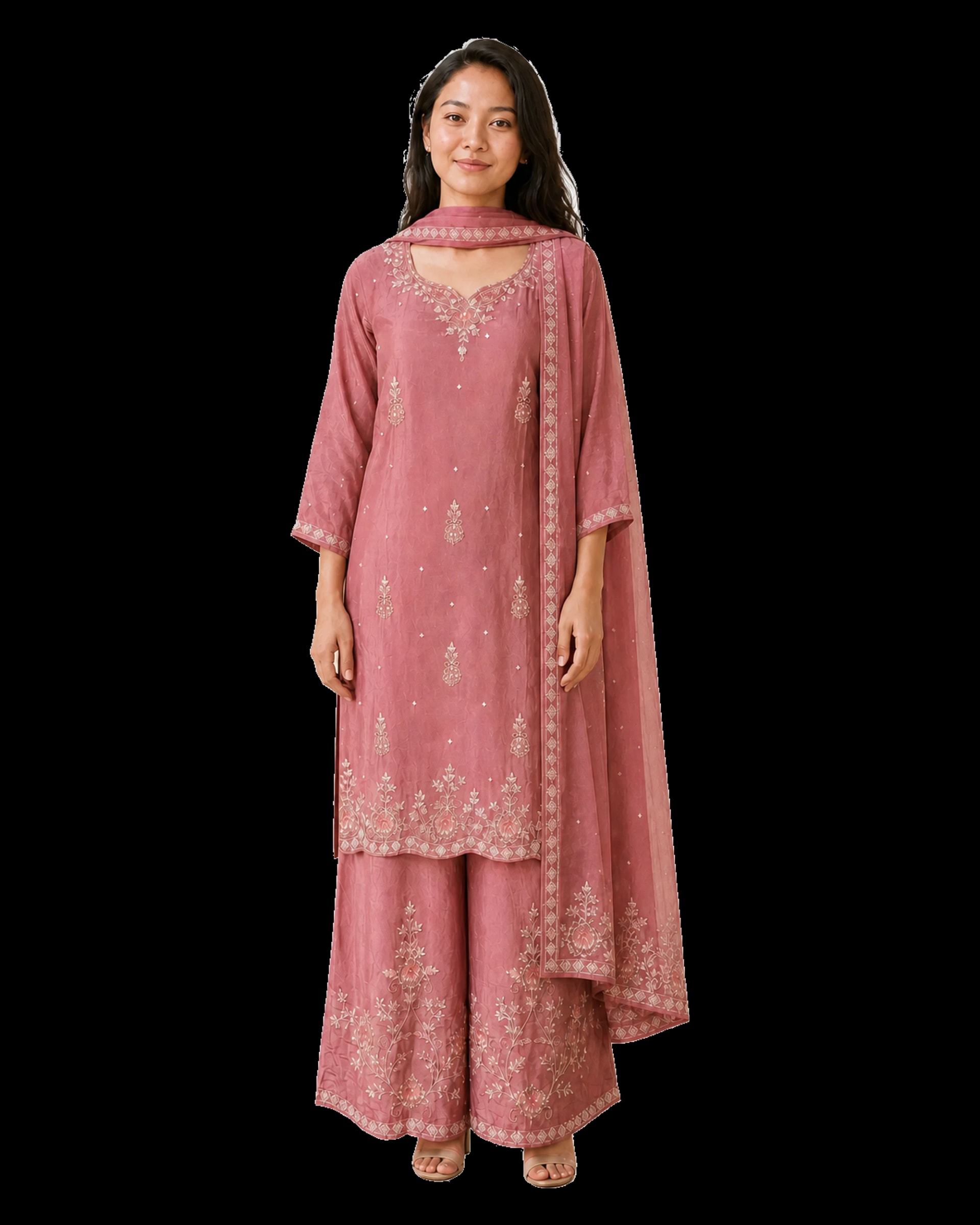 Nepalese woman wearing the Dusty Rose Embroidered Kurta Set