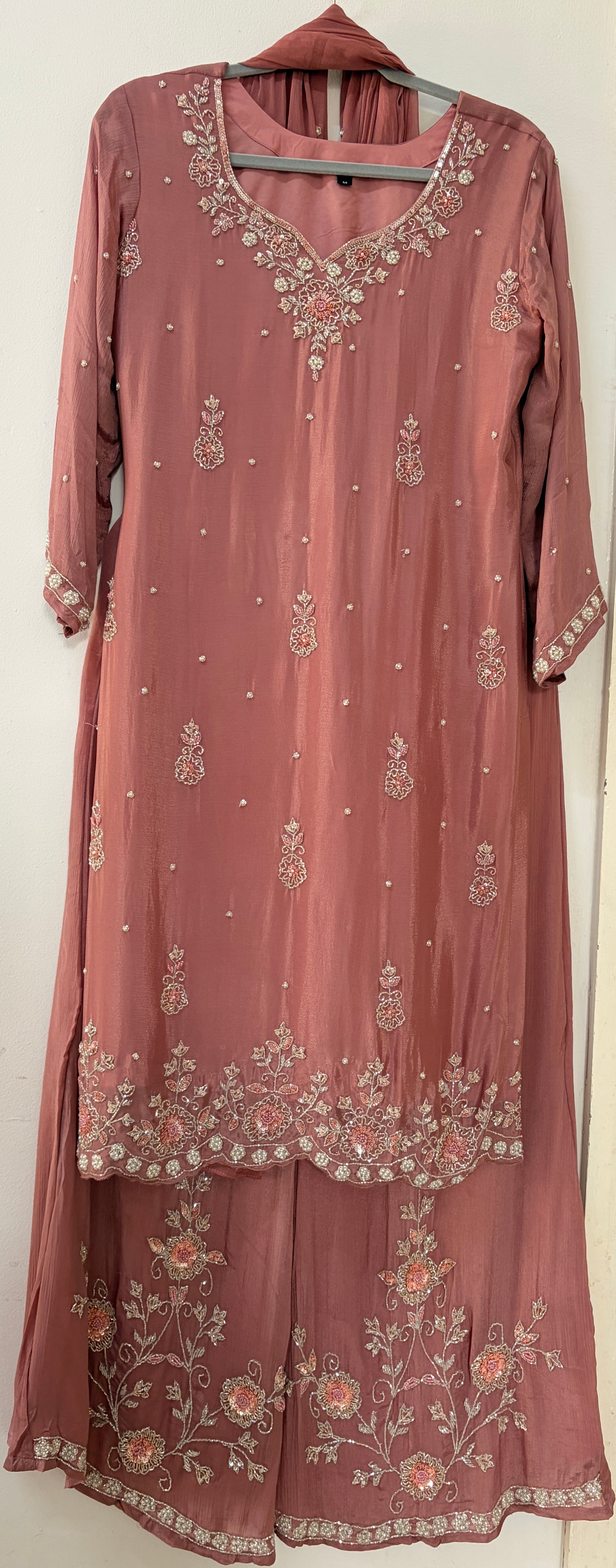 Original dusty rose kurta, embroidered wide-leg trousers and matching dupatta