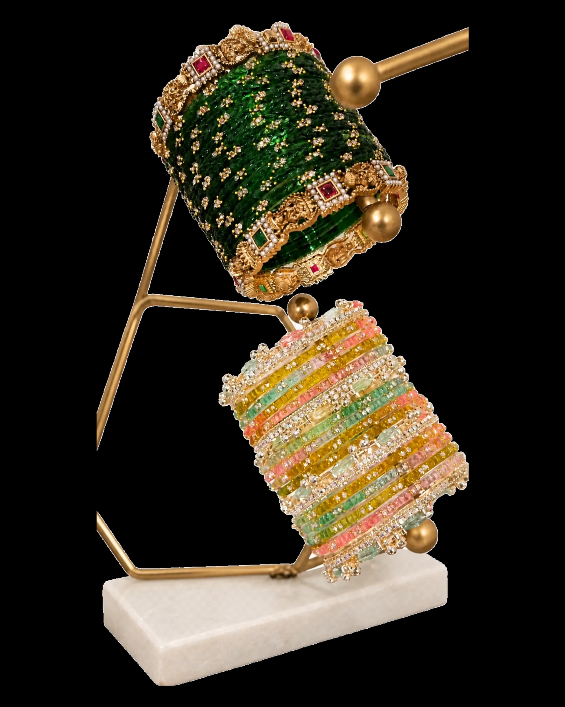 Emerald and pastel bangle sets displayed together
