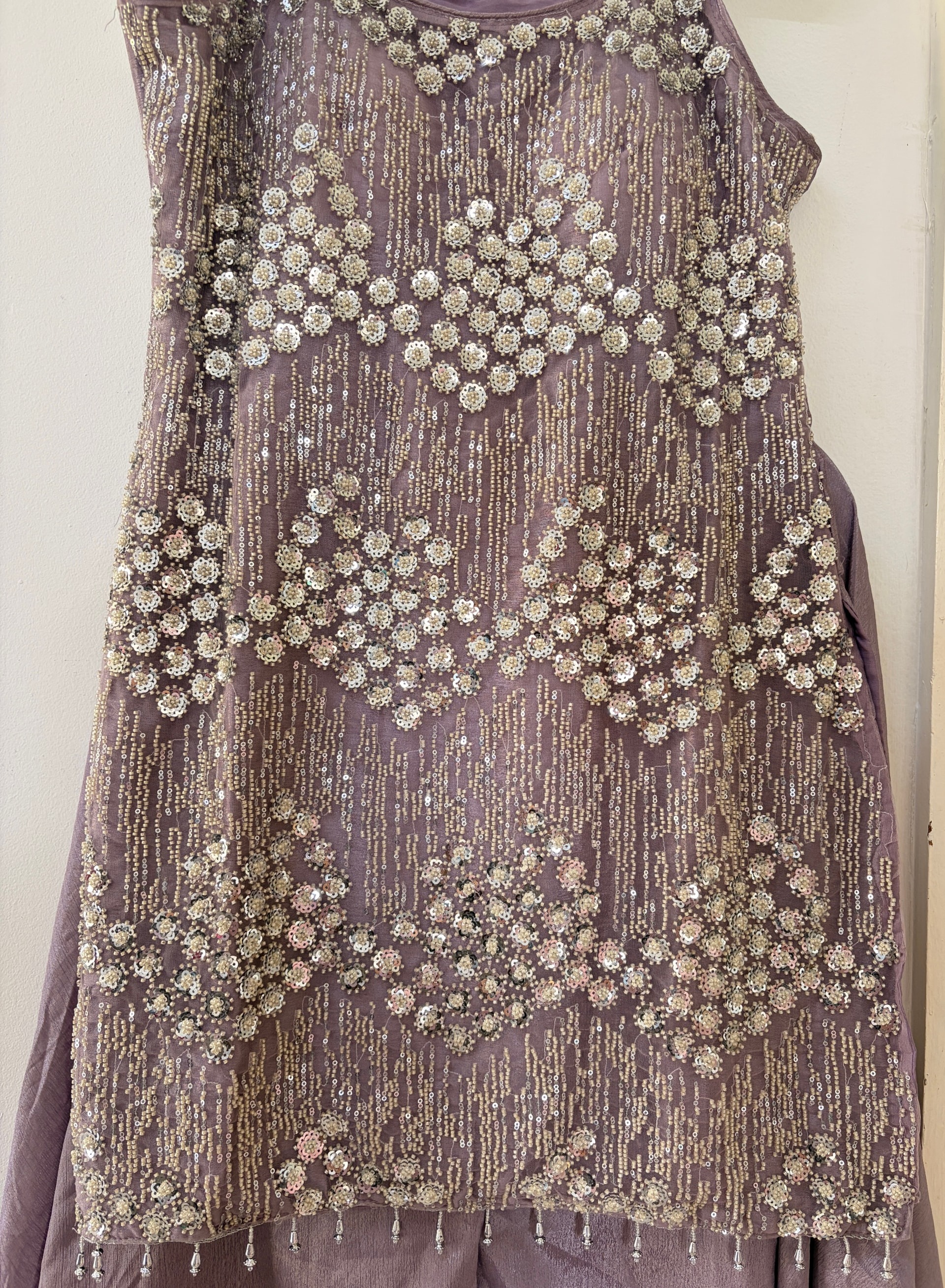 Original grey lilac kurta showing metallic rosette bands, sequins and hanging bead detail