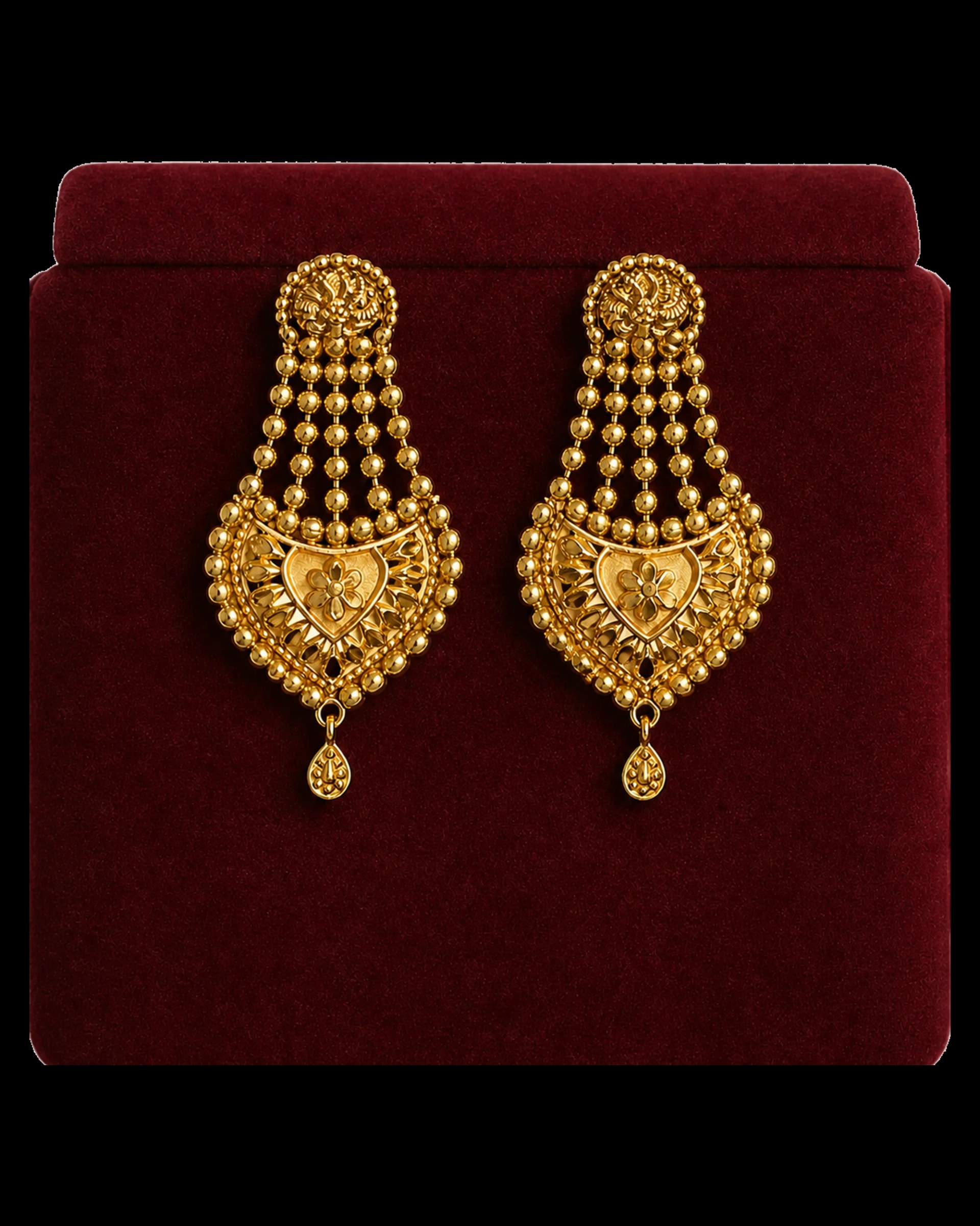 Pair of warm-tone drop earrings with beaded cascades and heart-shaped centres