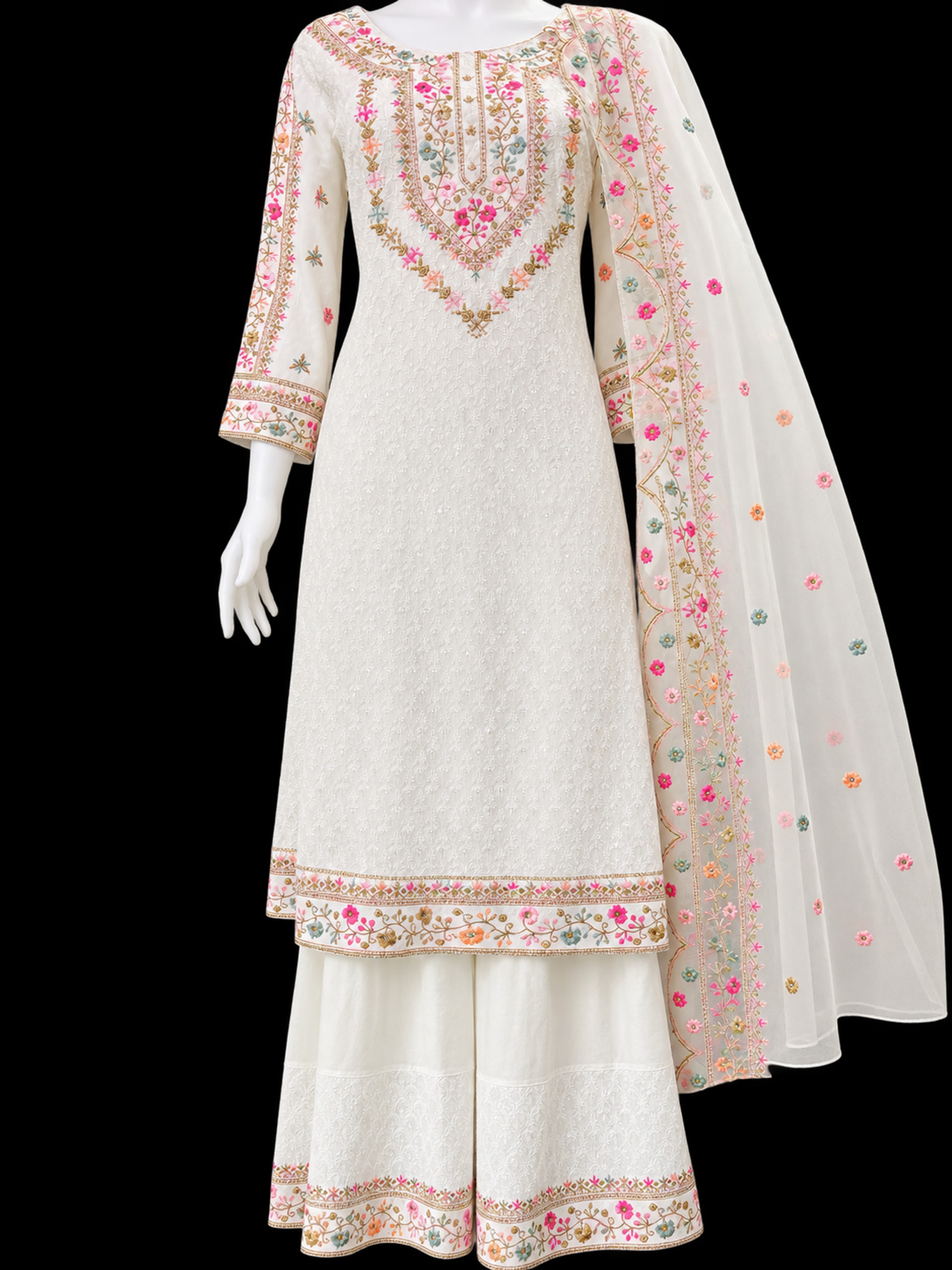 An ivory floral kurta with flared sharara trousers and a sheer dupatta with multicolour embroidered borders.