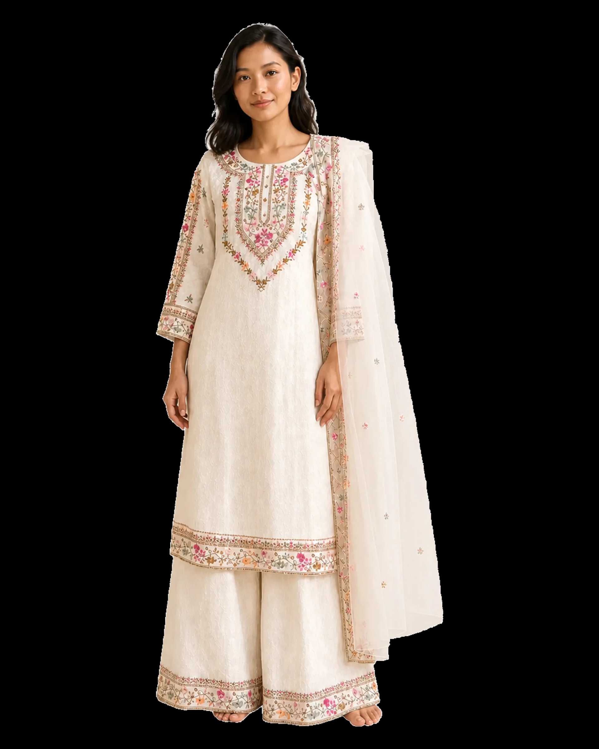 Nepalese woman wearing the Ivory Floral Embroidered Sharara Set