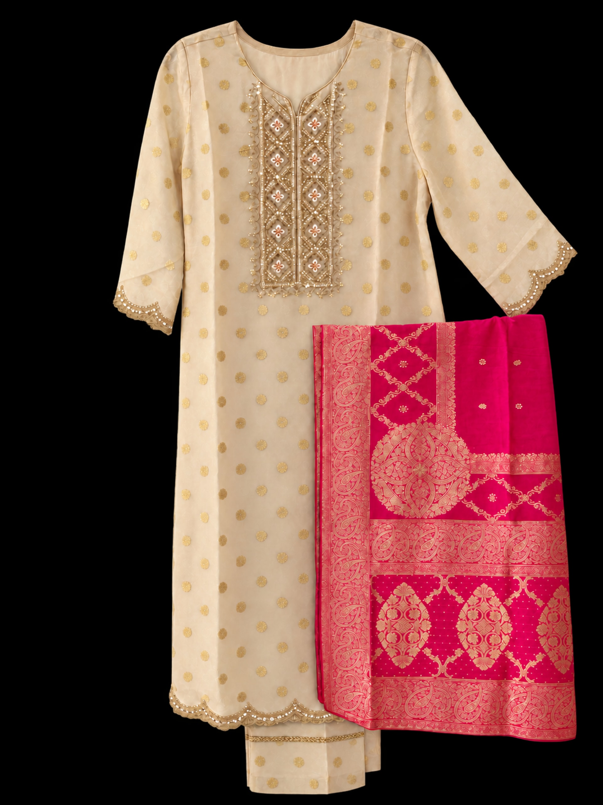 An ivory kurta suruwal with a decorated neckline, gold-trimmed trousers and a magenta woven dupatta.