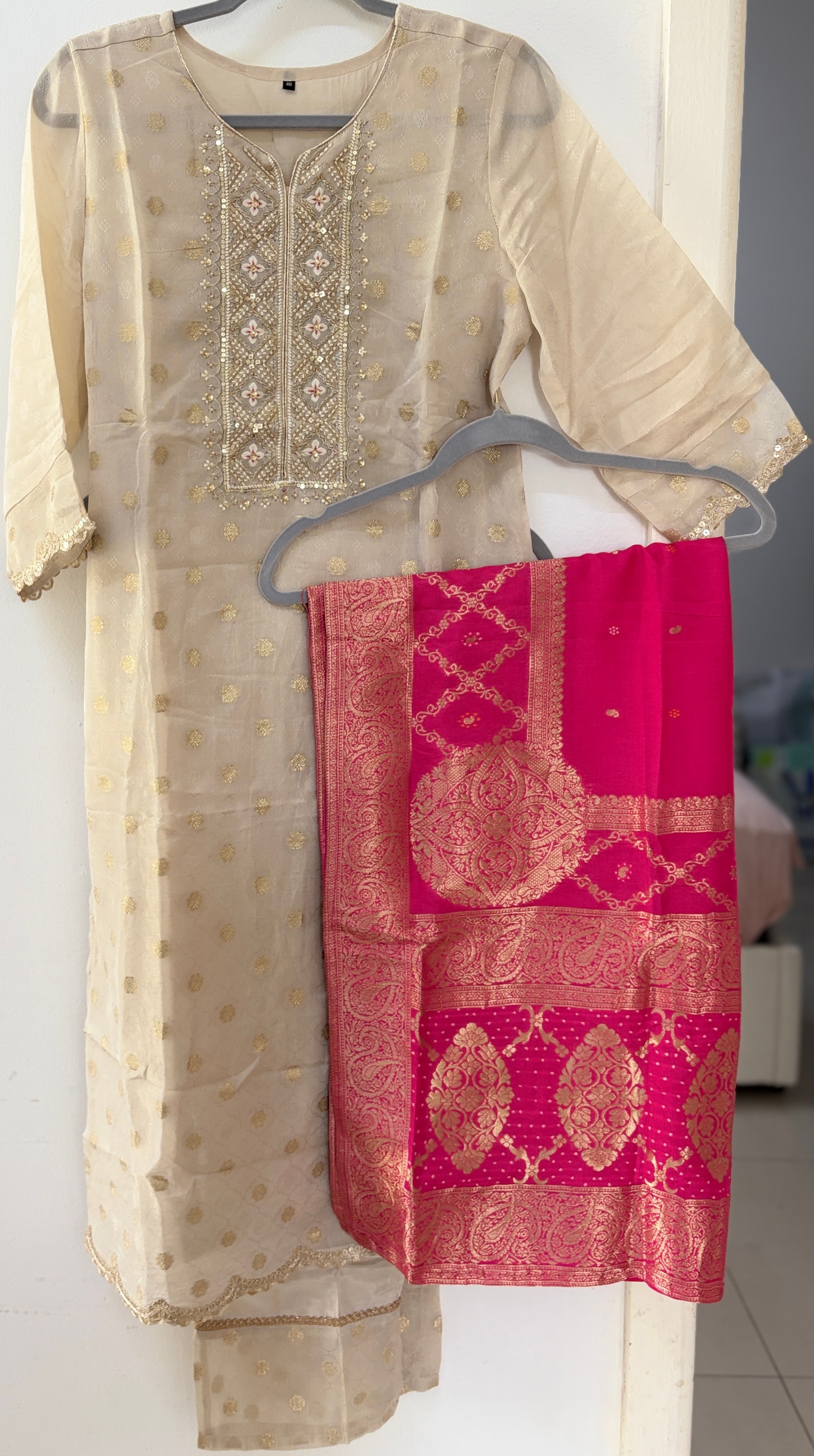 Original ivory kurta and trousers with gold motifs and a magenta brocade dupatta