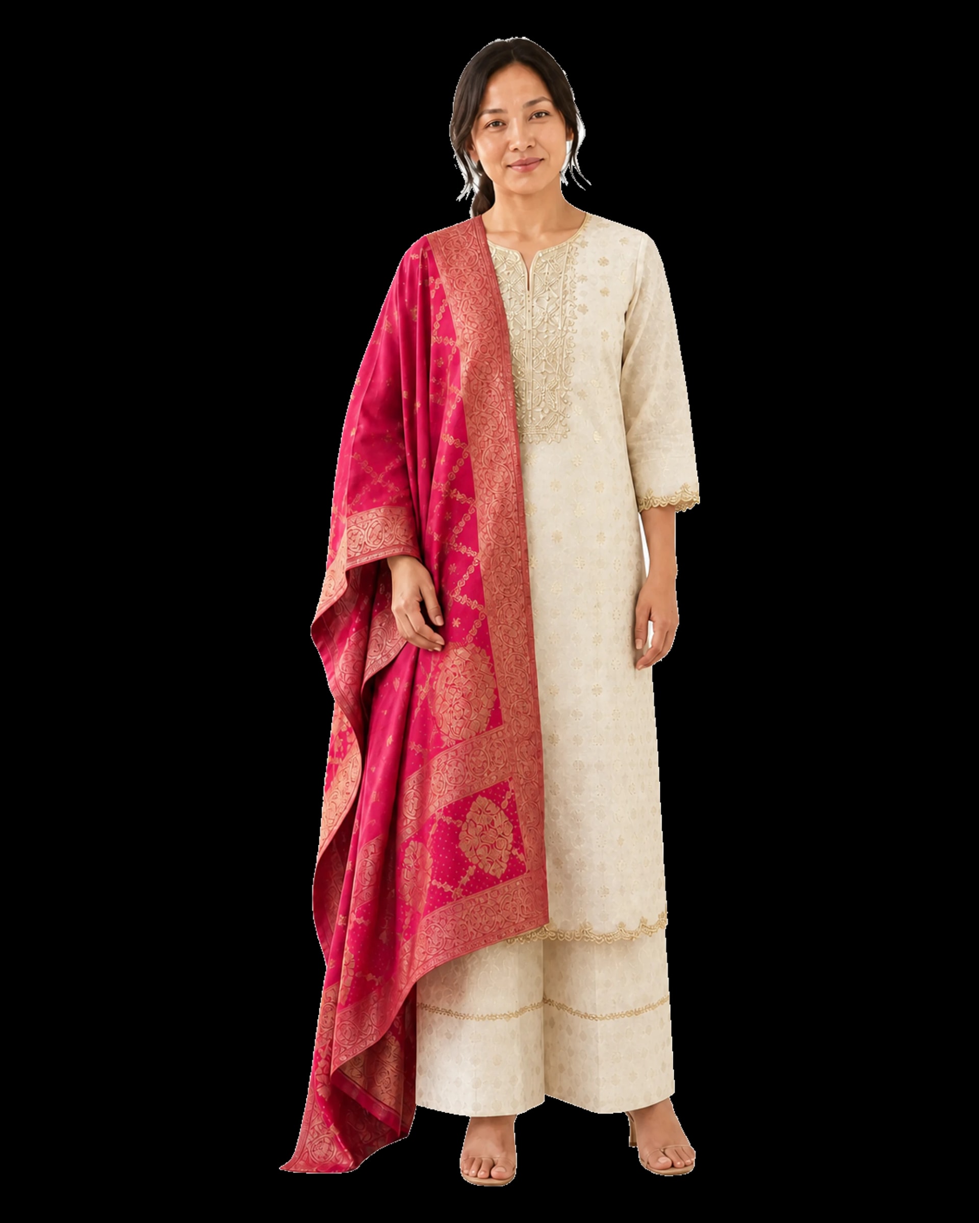 Nepalese woman wearing the Ivory and Magenta Banarasi Kurta Set