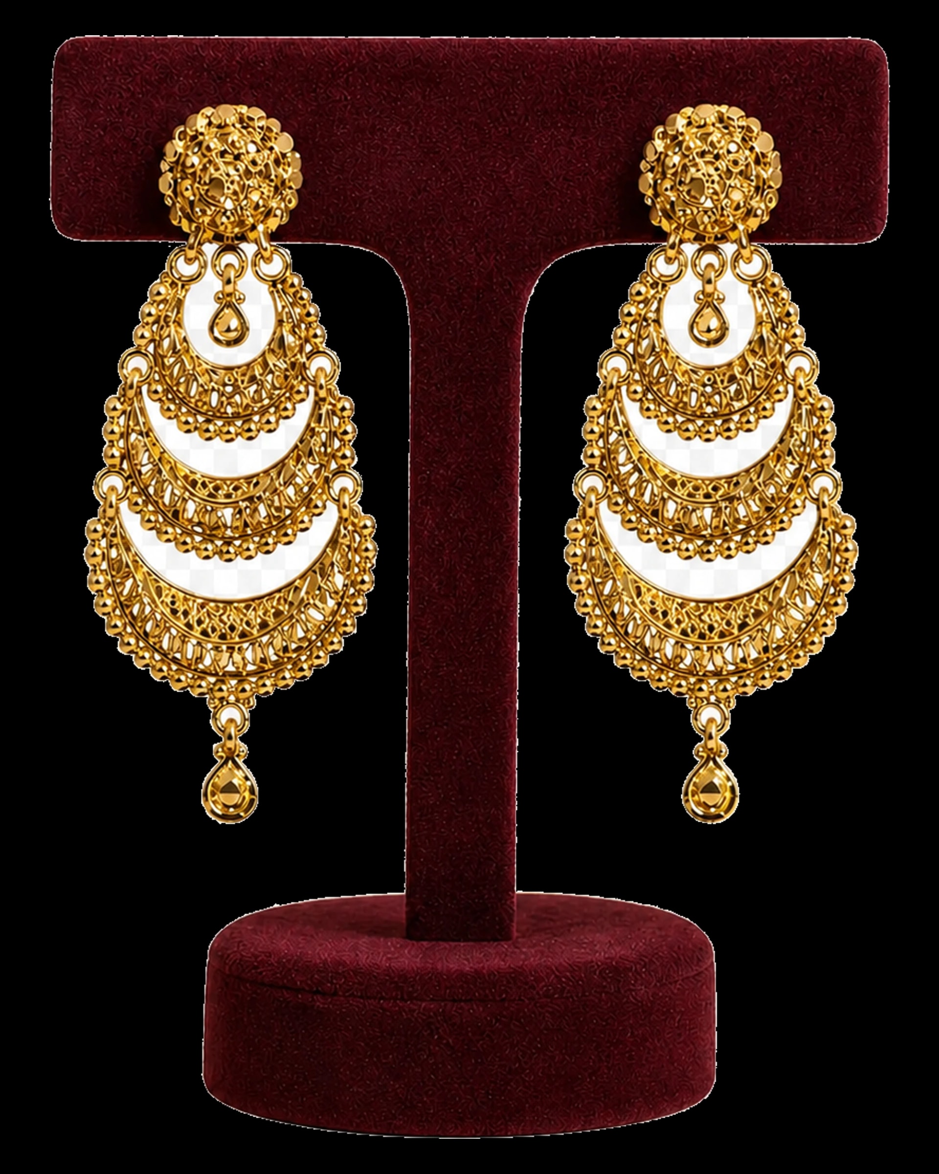 Pair of long statement earrings formed from three textured crescents