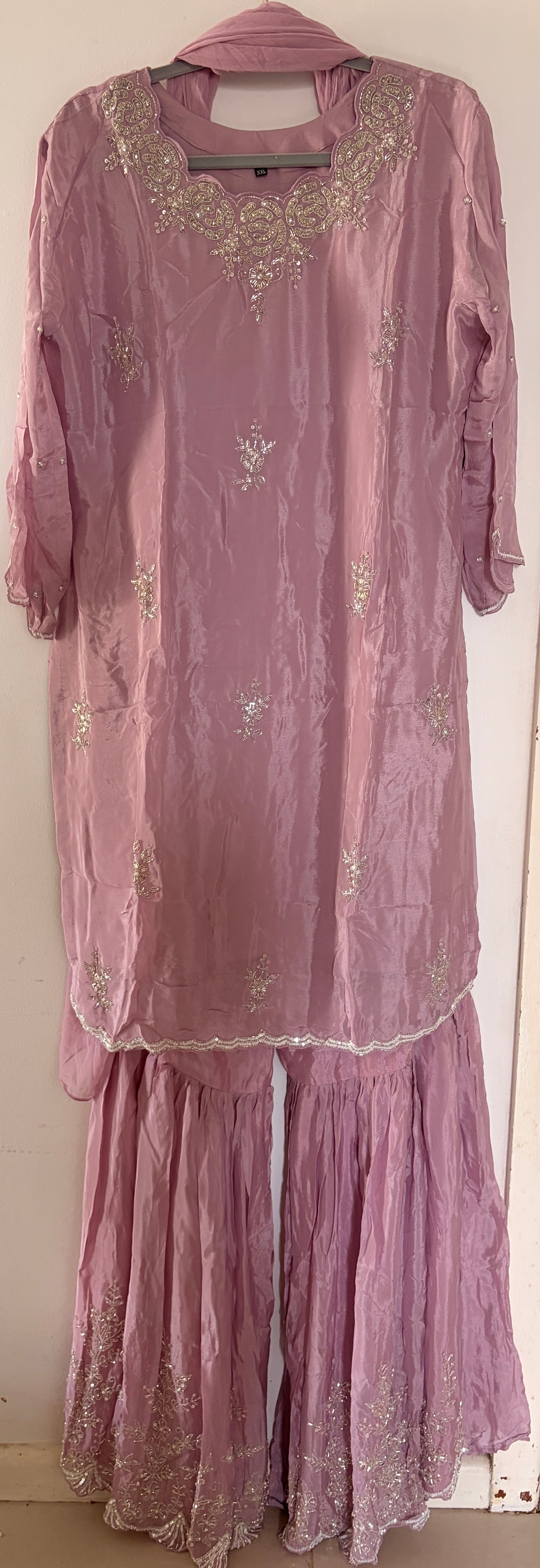 Original mauve paisley kurta with embroidered sharara trousers and plain dupatta