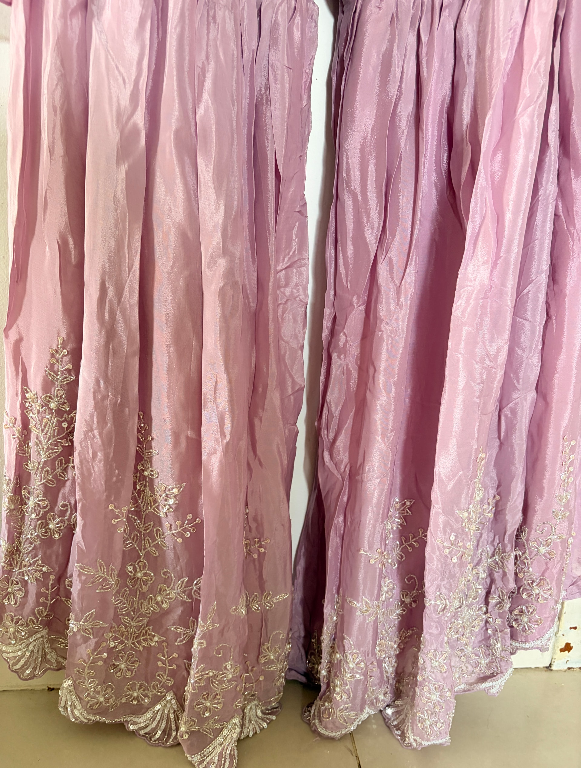 Original mauve kurta and gathered sharara hems showing the exact floral borders