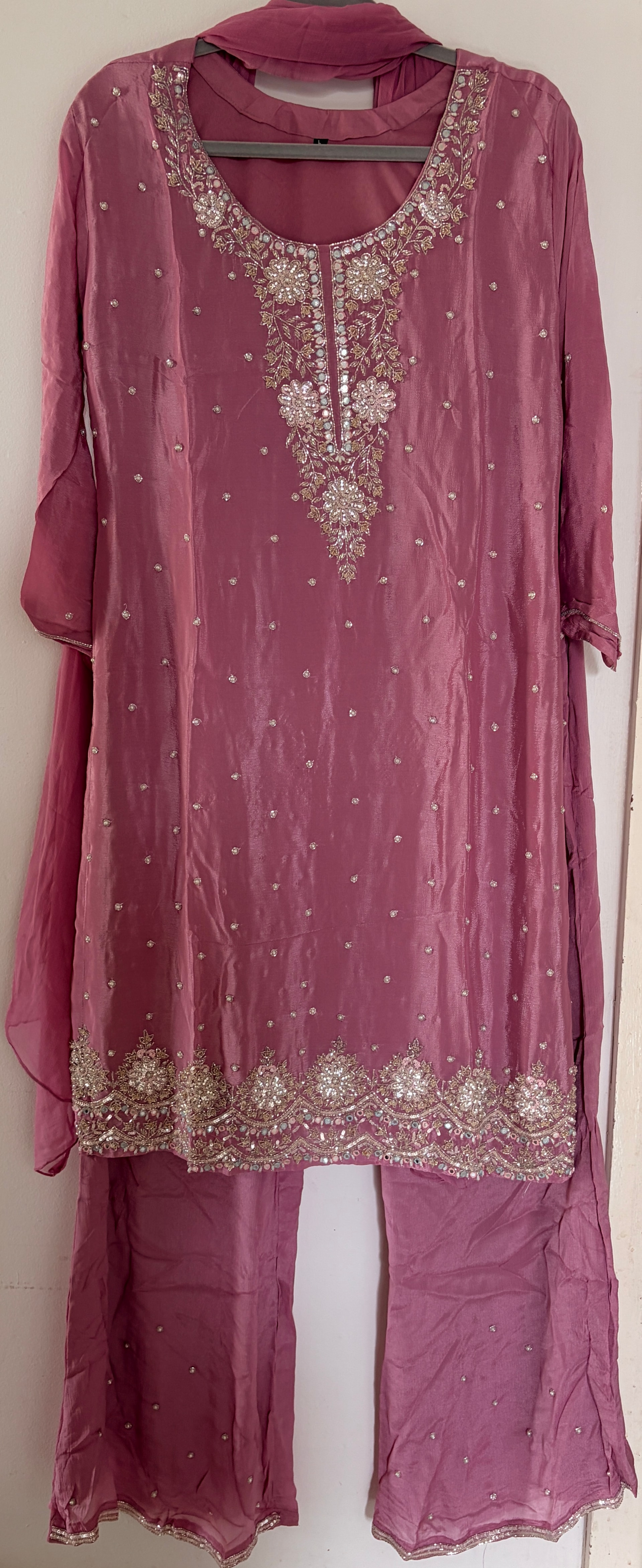 Original mulberry rose kurta with floral pearl-style neckline, dotted trousers and plain sheer dupatta
