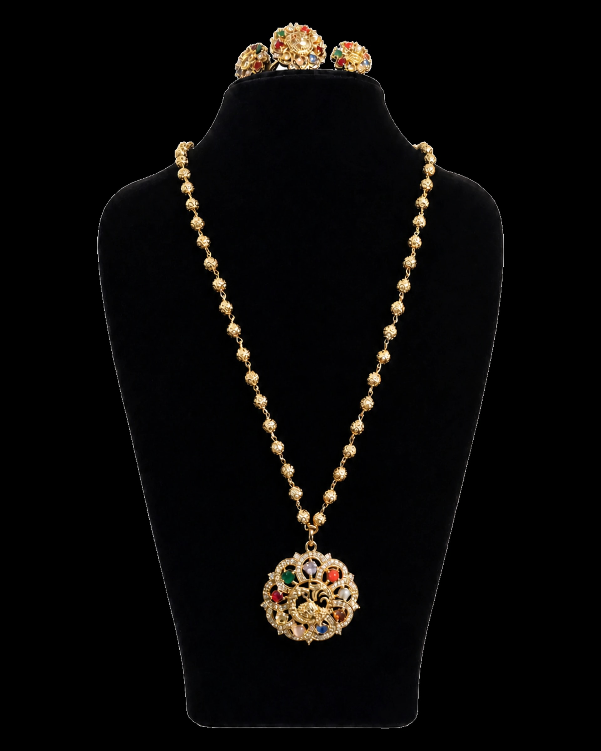 Warm-tone bead necklace with a circular multicolour peacock pendant and matching pieces