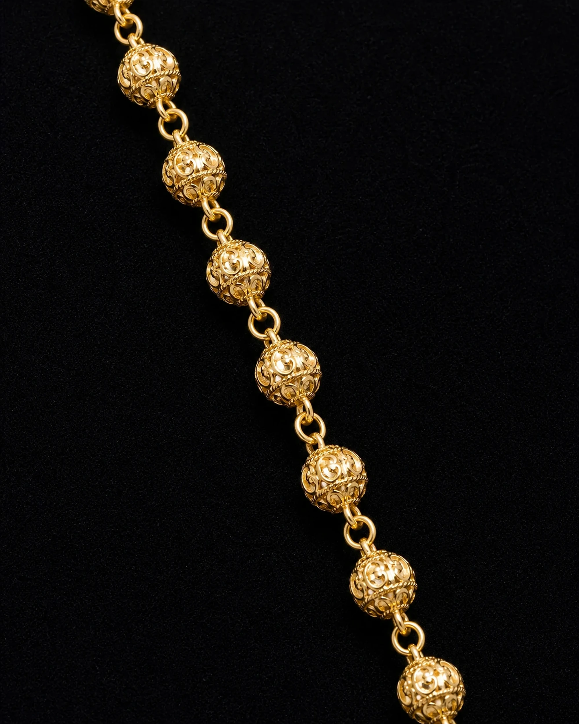 Close detail of the linked filigree bead chain