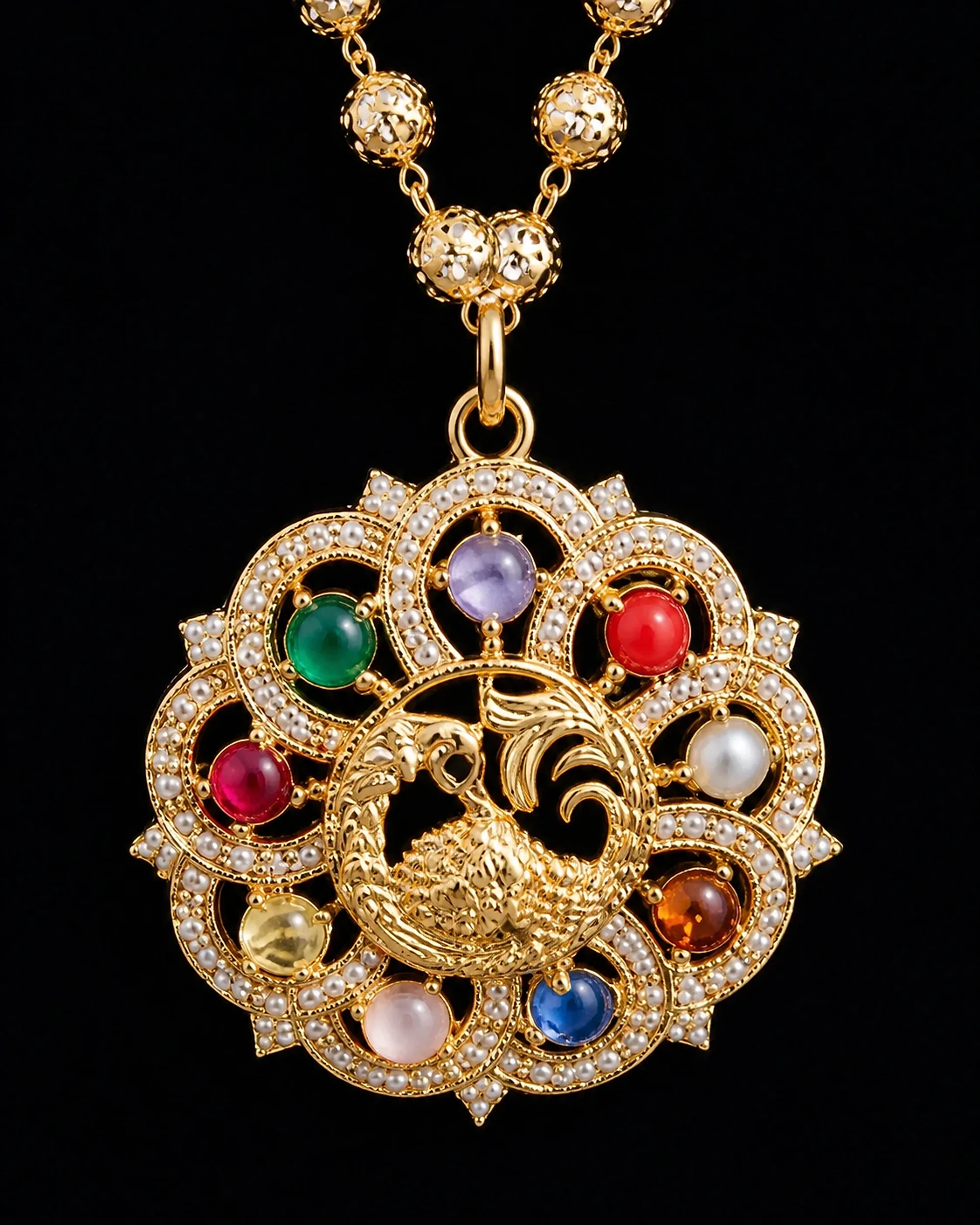 Close detail of the multicolour circular peacock pendant