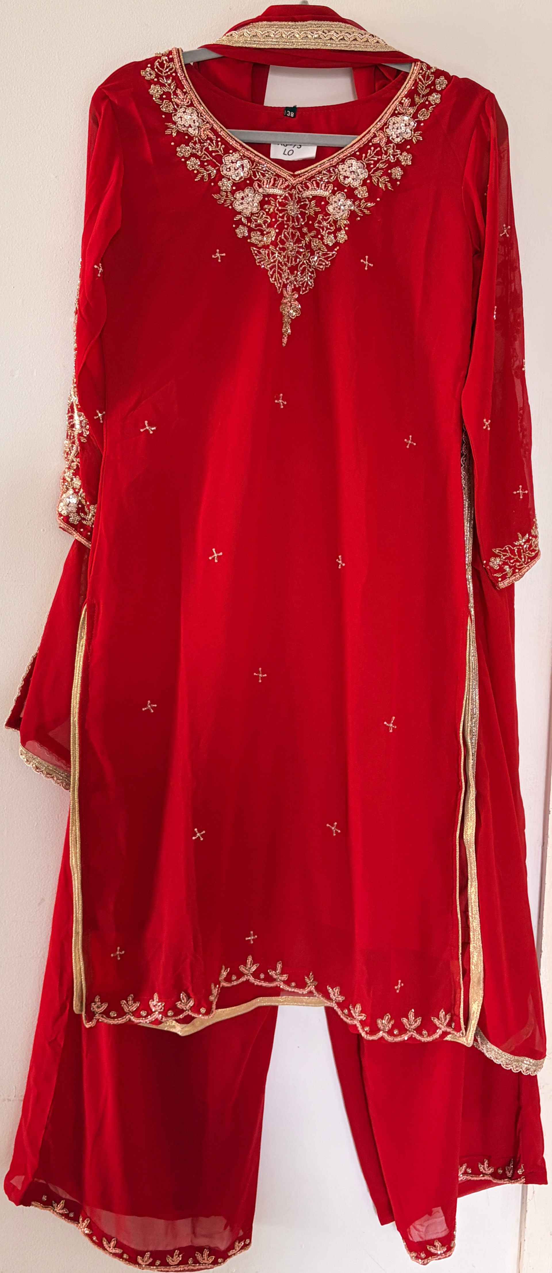 Original red floral V-neck kurta, embroidered wide-leg trousers and matching dupatta