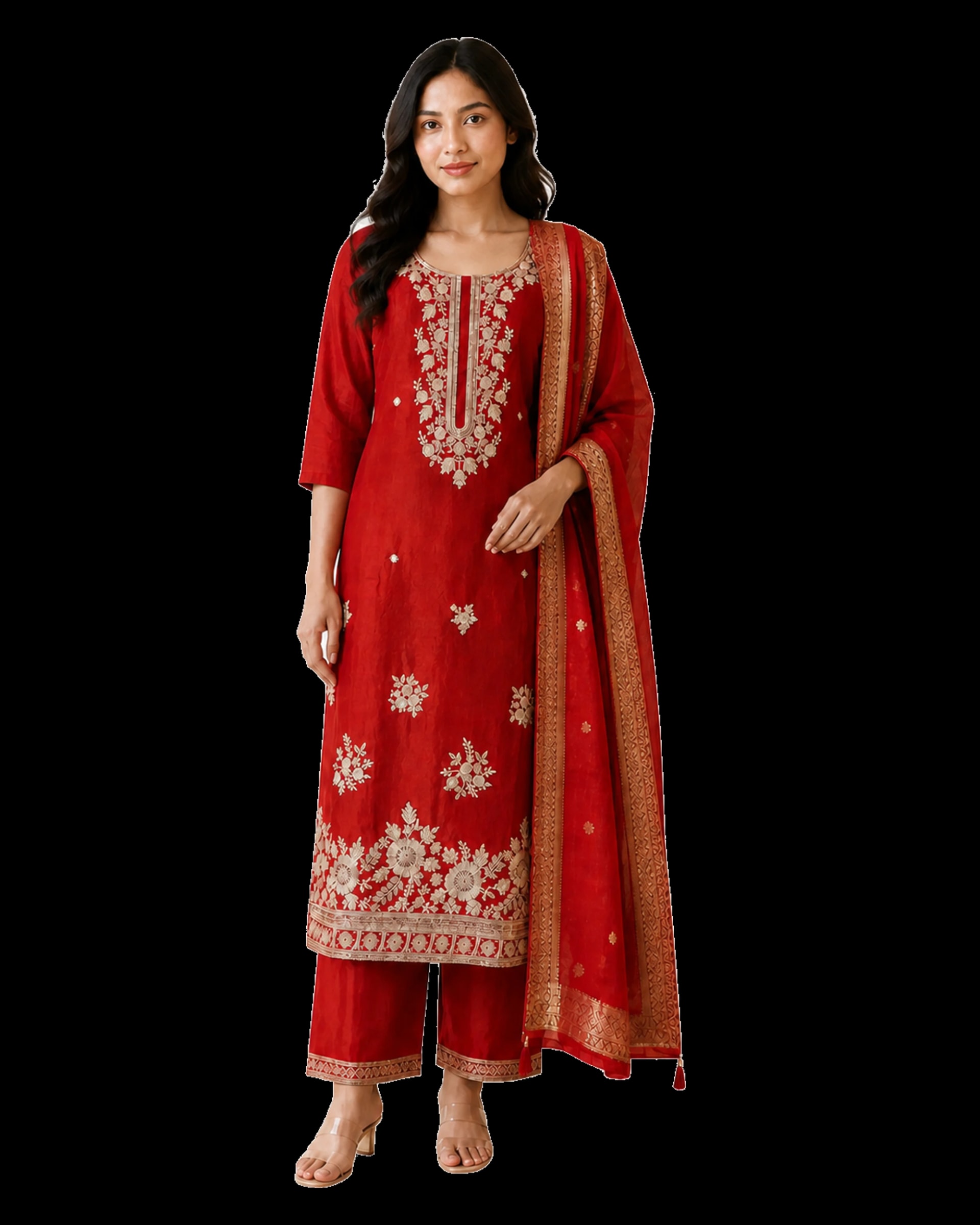 Nepalese woman wearing the Sindoor Embroidered Kurta Set