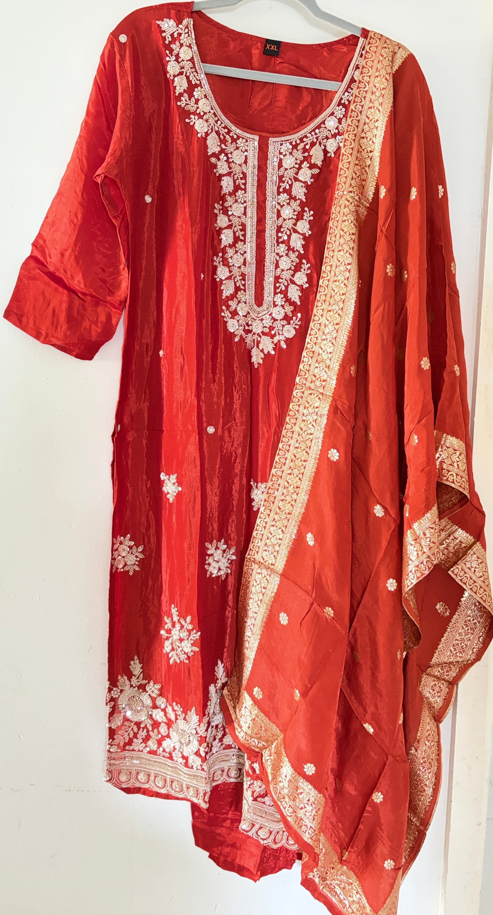 Original orange-red Sindoor kurta with a long floral embroidered placket and broad gold-bordered dupatta