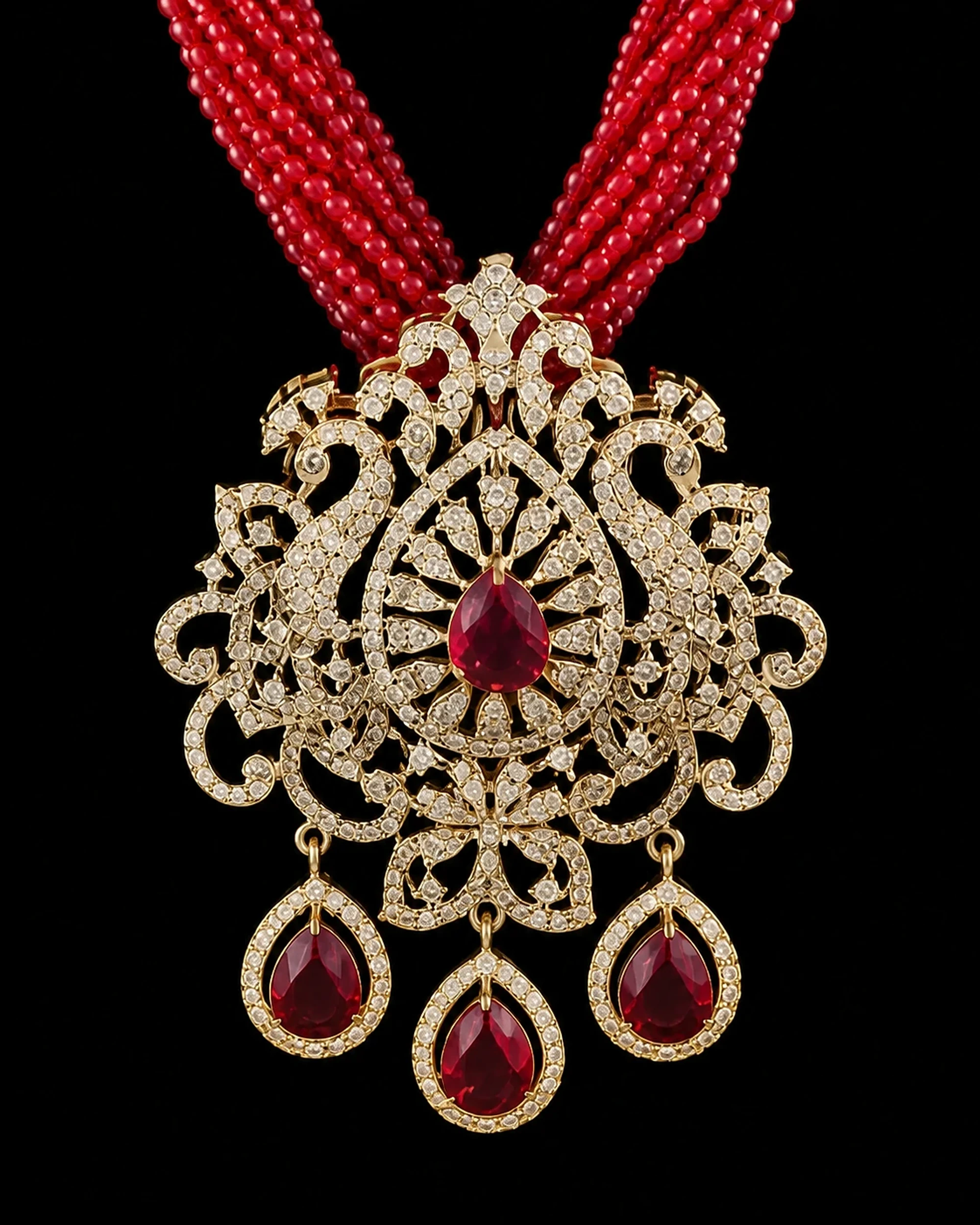 Close detail of the ornate pendant and three ruby-red drops