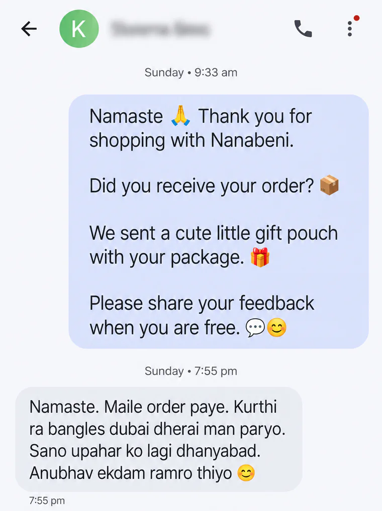 Customer review saying the kurti and bangles were well liked and thanking Nanabeni for the gift.