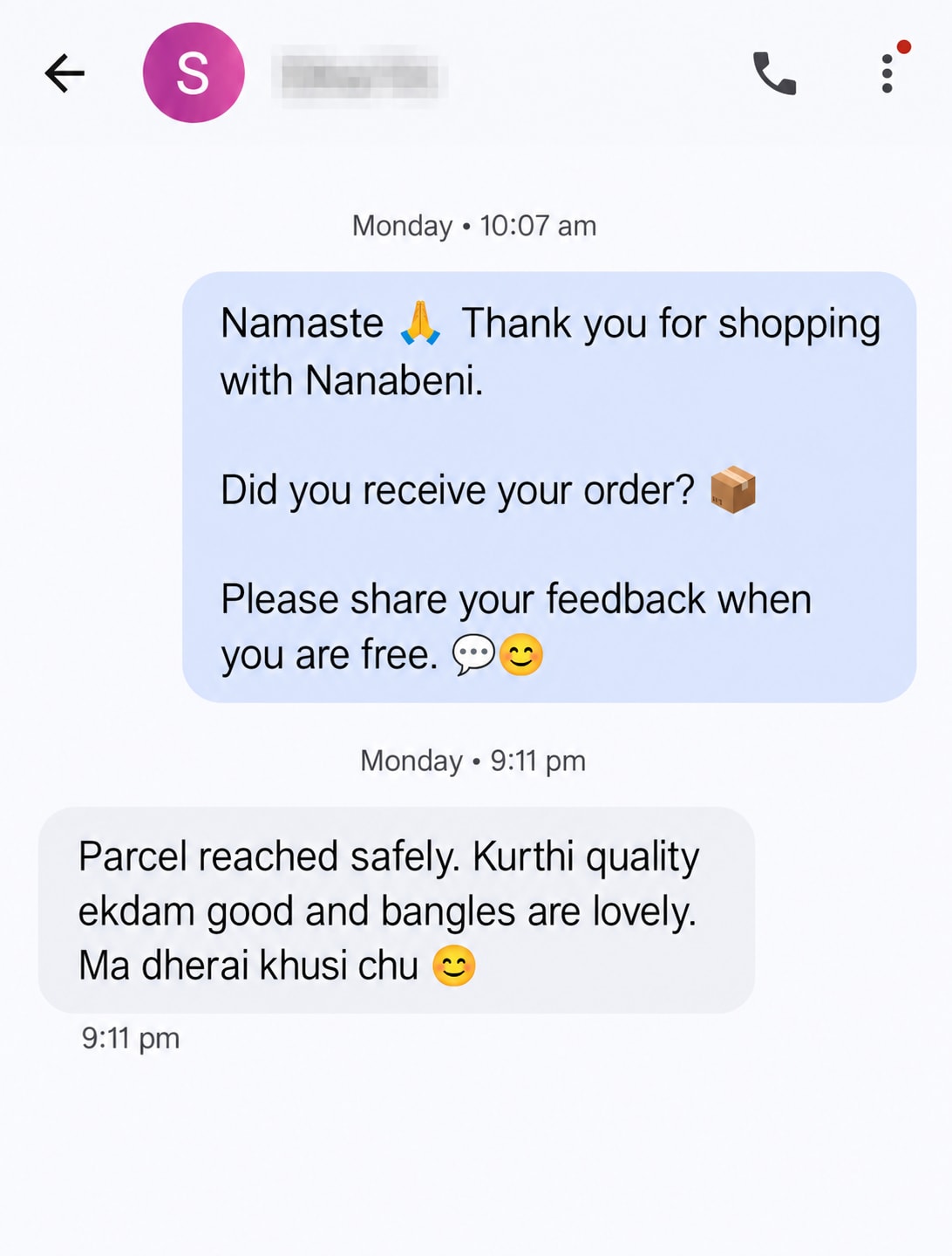 Customer chat excerpt saying the parcel arrived safely, the kurti quality was good and the bangles were lovely.