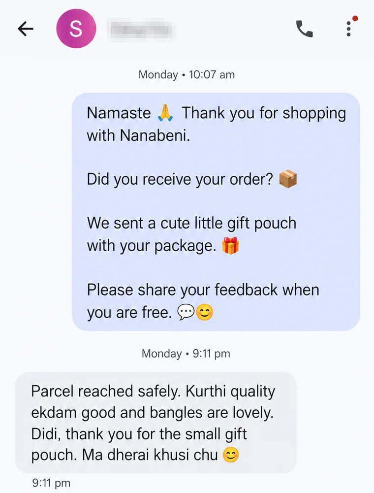Customer review saying the parcel arrived safely and the kurti, bangles and gift pouch were lovely.