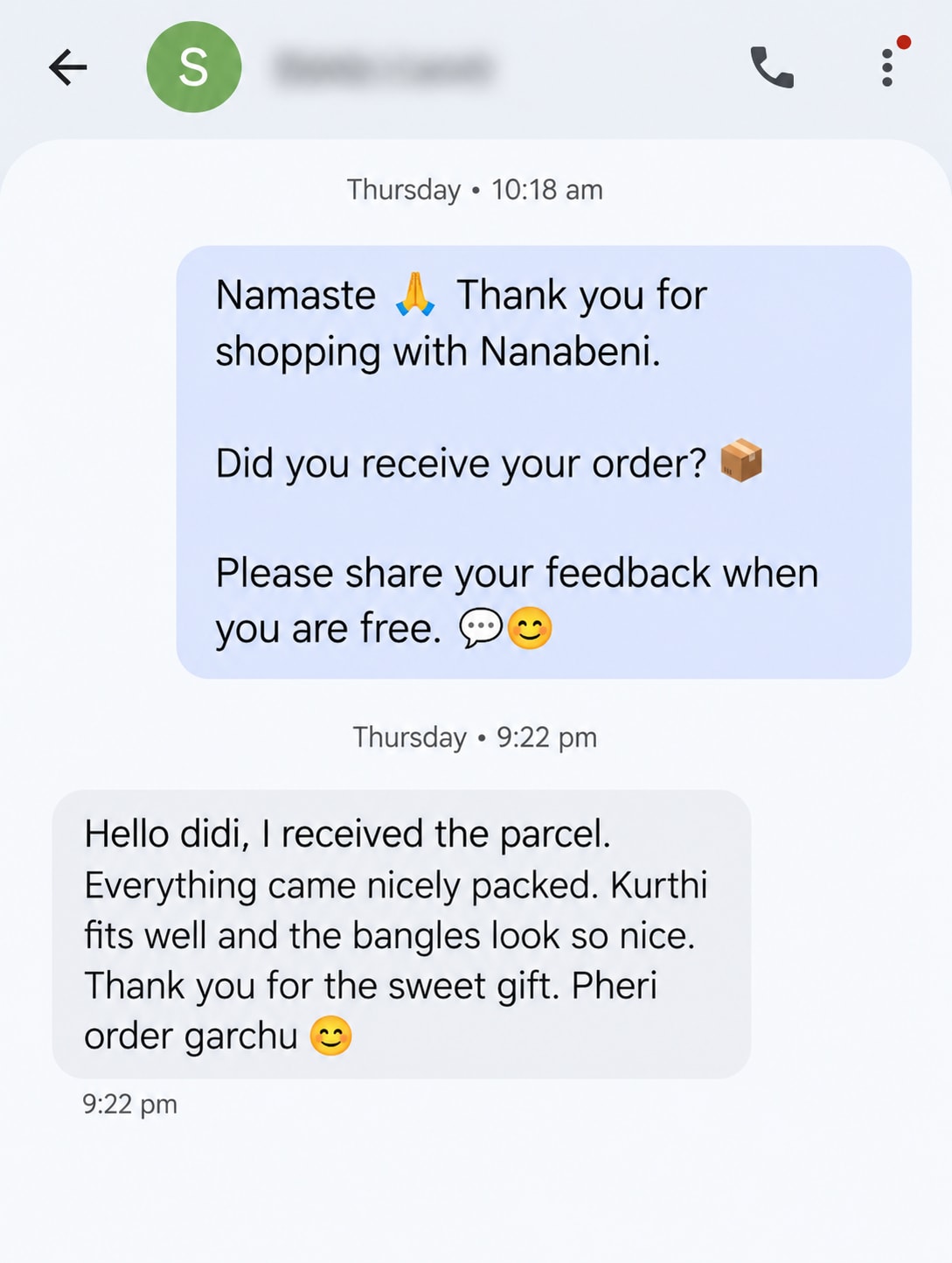 Customer chat excerpt saying the parcel was nicely packed, the kurti fit well and the bangles looked nice.