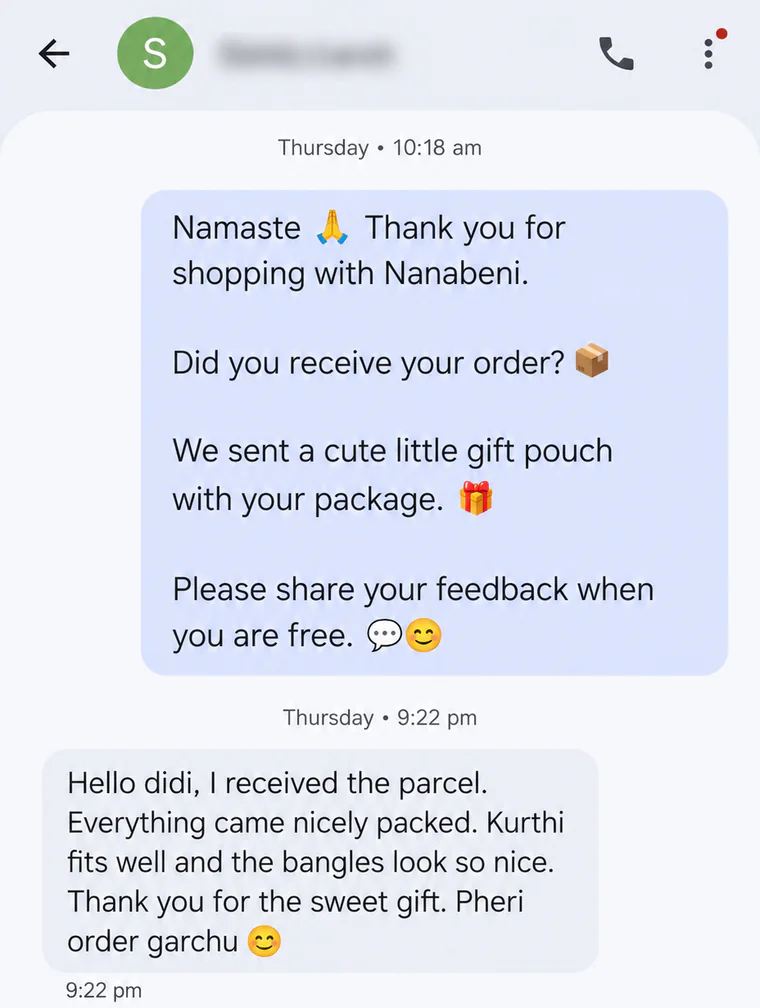 Customer review saying the parcel was nicely packed, the kurti fit well and the bangles looked nice.
