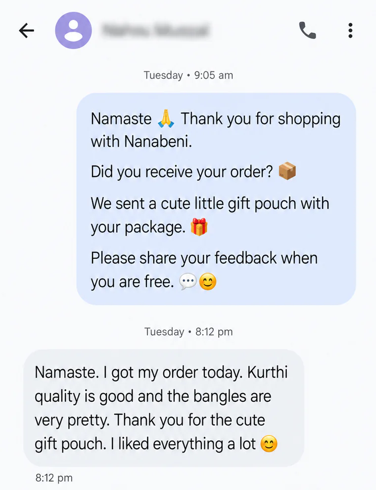 Customer review saying the kurti quality was good, the bangles were pretty and the gift pouch was appreciated.