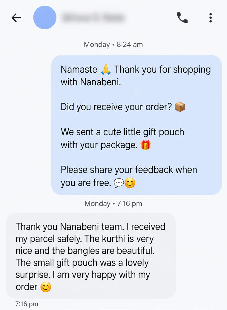 Customer review saying the parcel arrived safely and the kurti, bangles and gift pouch made them happy.
