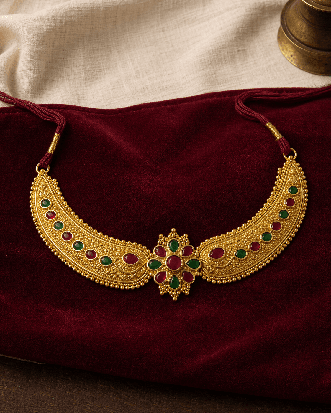 Gold-plated crescent Sirbandi head ornament set with red and green stones