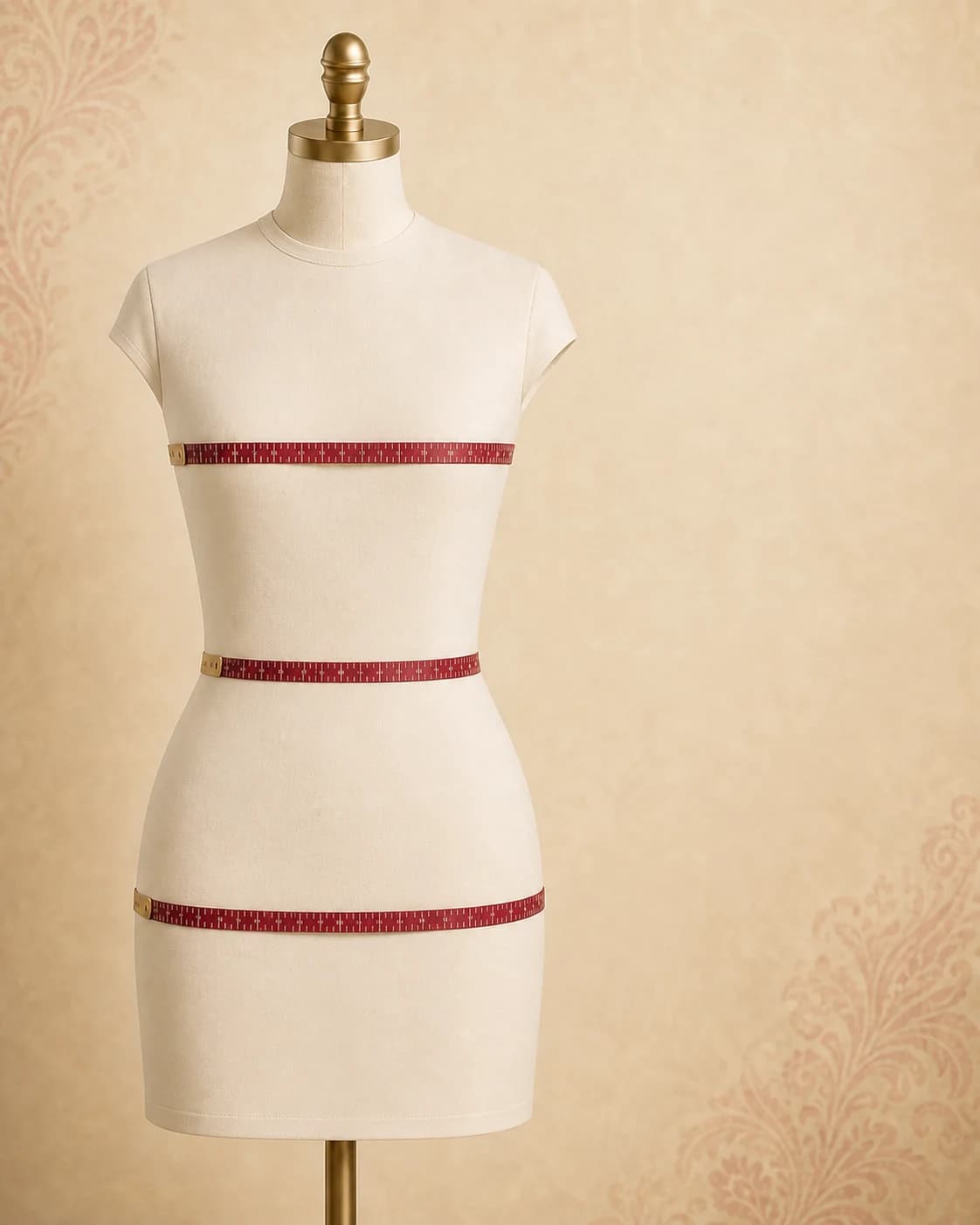 Dressmaker mannequin showing measuring tape around the bust, natural waist and fullest hip